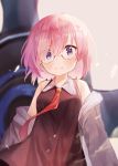 1girl absurdres blush closed_mouth fate/grand_order fate_(series) glasses highres looking_at_viewer necktie pink_hair red_necktie shielder_(fate/grand_order) short_hair solo upper_body useq1067 violet_eyes 