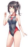  1girl asics black_hair black_swimsuit breasts competition_swimsuit covered_navel cowboy_shot green_eyes long_hair mendou_saya one-piece_swimsuit original simple_background small_breasts solo standing swimsuit white_background 