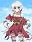  1girl ahoge bare_shoulders clouds cowboy_shot dress garter_straps hair_between_eyes jewelry long_hair looking_at_viewer mo253 necklace red_dress senki_zesshou_symphogear silver_hair smile solo thigh-highs twintails very_long_hair violet_eyes yukine_chris 