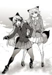  2girls animal_ears blazer bonkara_(sokuseki_maou) bow breasts commentary_request ezo_red_fox_(kemono_friends) fang fox_ears fox_tail full_body fur_trim gloves greyscale hair_between_eyes hand_on_another&#039;s_shoulder jacket kemono_friends long_hair long_sleeves medium_breasts monochrome multiple_girls necktie open_mouth pantyhose pleated_skirt shoes silver_fox_(kemono_friends) skirt snow standing tail 