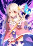  1girl bison_cangshu blue_legwear blush detached_sleeves eyebrows_visible_through_hair fate/kaleid_liner_prisma_illya fate_(series) holding holding_staff illyasviel_von_einzbern long_hair looking_at_viewer parted_lips red_eyes silver_hair solo staff star thigh-highs 