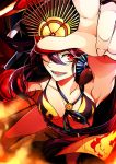  :d between_breasts bikini black_hair collarbone fate/grand_order fate_(series) fire foreshortening from_above hat looking_at_viewer looking_up oda_nobukatsu_(fate/grand_order) open_mouth outstretched_arm red_eyes sayvi shadow smile swimsuit 