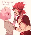  1boy 1girl ashido_mina black_sclera blush boku_no_hero_academia highres horns kirishima_eijirou pink_hair pink_skin red_eyes redhead sally_(luna-arts) sharp_teeth short_hair simple_background spiky_hair sweat teeth white_background yellow_eyes 