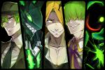  5boys blazblue chest crazy_smile fedora formal ghost green_eyes green_hair grin hair_over_eyes hat hazama hidden_eyes highres hood hooded_jacket jacket kazuma_kuvaru luse_maonang multiple_boys multiple_persona one_eye_closed one_eye_covered smile suit susanoo_(blazblue) yellow_eyes yuuki_terumi 