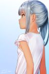  1girl artist_name commentary from_side gradient gradient_background grey_hair kantai_collection kanzaki_muyu kasumi_(kantai_collection) long_hair looking_away profile shirt side_ponytail solo tan tanline twitter_username upper_body white_shirt yellow_eyes 
