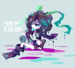  1girl alternate_color amakusa_(hidorozoa) aqua_eyes armor black_hair boots fingerless_gloves from_side full_body gloves hair_over_one_eye half-closed_eyes midriff navel octarian seaweed sitting sleeveless solo splatoon takozonesu tentacle_hair 