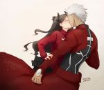  2016 archer arm_grab black_hair black_ribbon black_skirt blush closed_eyes couple dark_skin dated fate/stay_night fate_(series) grey_background hair_ribbon hetero highres interracial kiss long_hair long_sleeves miniskirt neck pleated_skirt red_clothes red_sweater ribbon signature silver_hair skirt spiky_hair sweater tohsaka_rin two_side_up type-moon yukako_(toyoyuki) 