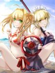  1girl ahoge artoria_pendragon_(all) blonde_hair blush breasts cleavage closed_mouth earrings eyebrows_visible_through_hair fate/grand_order fate_(series) green_eyes hellnyaa highres jewelry large_breasts long_hair looking_at_viewer maid_headdress nero_claudius_(swimsuit_caster)_(fate) parted_lips saber_alter saber_extra short_hair sitting smile solo steering_wheel twintails yellow_eyes 