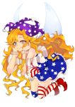  1girl absurdres adapted_costume alternate_legwear american_flag_dress american_flag_legwear asymmetrical_legwear bare_shoulders blonde_hair blue_eyes closed_mouth clownpiece dress fairy_wings full_body hat heterochromia high_heels highres huge_filesize jester_cap kyogoku-uru long_hair looking_at_viewer nail_polish pointy_shoes polka_dot red_eyes red_shoes ringed_eyes shoes short_dress simple_background smile solo star star-shaped_pupils star_print striped symbol-shaped_pupils thigh-highs touhou very_long_hair wavy_hair white_background wings wrist_cuffs 