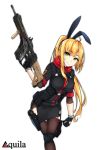  1girl animal_ears assault_rifle black_gloves blonde_hair breasts brown_legwear commentary_request eyebrows_visible_through_hair gloves green_eyes gun handgun healther holster knee_pads leaning_to_the_side long_hair looking_at_viewer medium_breasts military original ponytail pouch rabbit_ears rifle simple_background smile solo standing standing_on_one_leg thigh_holster thigh_strap weapon white_background 