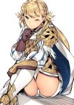  1girl armor blonde_hair blush braid cape fire_emblem fire_emblem_heroes gebyy-terar gloves green_eyes highres long_hair looking_at_viewer sharena simple_background smile solo thigh-highs white_background 