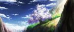  aoha_(twintail) blue_sky cherry_blossoms cliff clouds cloudy_sky commentary_request day grass highres mountain no_humans outdoors scenery sky tree 