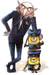  1boy 2others atlus bald_spot blue_suit braid caroline_(persona_5) caroline_(persona_5)_(cosplay) commentary constricted_pupils crossover cyclops despicable_me formal gloves grey_hair igor illumination_entertainment justine_(persona_5) justine_(persona_5)_(cosplay) kataro long_nose megami_tensei minion_(despicable_me) old_man persona persona_1 persona_5 side_bun single_braid suit thick_eyebrows trait_joke universal_pictures white_gloves 