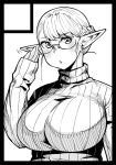  1girl breasts elf elf-san_wa_yaserarenai. erufuda-san glasses hand_on_own_cheek huge_breasts looking_at_viewer open_mouth plump pointy_ears simple_background solo sweater synecdoche 