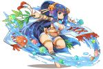  1girl absurdly_long_hair amenouzume bangs barefoot bell blue_eyes blue_hair blunt_bangs branch breasts detached_sleeves feet fish flower full_body fullbokko_heroes hair_bell hair_flower hair_ornament highres holding_branch large_breasts leg_up long_hair looking_at_viewer navel official_art pelvic_curtain shigatake sidelocks simple_background smile solo very_long_hair water wet white_background wide_sleeves 