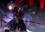  1girl black_kimono floating_hair flower from_side glowing glowing_eyes guilty_crown hair_flower hair_ornament highres isca japanese_clothes kimono long_hair obi purple_hair red_eyes red_flower sash solo standing yuzuriha_inori 