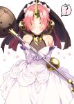  1girl :i berserker_of_black blue_eyes breasts bridal_veil elbow_gloves fate/apocrypha fate_(series) gloves hair_over_eyes heterochromia highres holding holding_weapon horn looking_at_viewer pink_hair pout sakuragi_ren short_hair solo veil weapon white_gloves yellow_eyes 