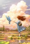  1girl basket bird blue_dress blue_shoes brown_hair clouds cloudy_sky day dress floating_hair flower grass holding_basket house long_hair long_sleeves marktal original outdoors petals scenery shoes sky standing tree 