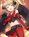  1girl absurdres black_gloves black_wings chains cowboy_shot crop_top eyebrows_visible_through_hair feathered_wings gloves green_eyes highres himeno_kanon horns idolmaster idolmaster_side-m light_brown_hair looking_at_viewer midriff mihatarou navel open_mouth pants red_pants short_hair solo standing stomach wings 