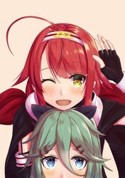  2girls ;d ahoge artist_request blue_eyes cape commentary_request fingerless_gloves gloves green_hair hair_flaps hair_ornament hair_ribbon hairband hairclip highres kantai_collection kawakaze_(kantai_collection) multiple_girls one_eye_closed open_mouth redhead remodel_(kantai_collection) ribbon smile yamakaze_(kantai_collection) yellow_eyes 