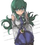  1girl aqua_eyes aqua_pupils bangs blue_skirt breasts cup detached_sleeves expressionless frilled_skirt frills frog_hair_ornament green_hair hair_ornament holding holding_cup knees_together_feet_apart kochiya_sanae long_hair long_skirt looking_at_viewer okbnkn shaded_face sidelocks simple_background skirt snake_hair_ornament solo steam tea touhou very_long_hair white_background wide_sleeves 