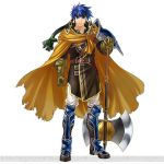  1boy axe blue_eyes blue_hair cape fire_emblem fire_emblem:_souen_no_kiseki fire_emblem_heroes full_body gloves headband ike kita_senri looking_at_viewer male_focus official_art short_hair simple_background solo weapon white_background 