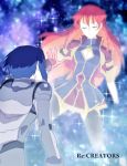  1boy 1girl blue_eyes blue_hair braid breasts cleavage_cutout closed_eyes gloves highres kanoya_rui long_hair outstretched_hand pilot_suit re:creators redhead selesia_upitiria short_hair smile spoilers twin_braids 