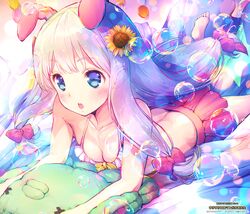  1girl air_bubble animal_ears artist_name bikini bikini_skirt blue_eyes blush bow bubble copyright_name ek_masato eromanga_sensei hair_bow highres izumi_sagiri long_hair low-tied_long_hair lying on_stomach pink_bikini pink_bow rabbit_ears silver_hair soles solo stuffed_animal stuffed_octopus stuffed_toy swimsuit tareme teeth very_long_hair watermark 