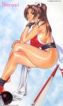  1998 1girl 90s artist_name breasts brown_eyes brown_hair character_name dated fan fatal_fury hand_on_own_face hand_on_own_knee high_ponytail highres inoue_takuya large_breasts legs_crossed lipstick long_hair looking_at_viewer makeup parted_lips pelvic_curtain shiranui_mai sideboob smile solo the_king_of_fighters 