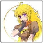  1girl ahoge blonde_hair breasts cleavage fingerless_gloves gloves hands_on_own_chin iesupa rwby solo violet_eyes yang_xiao_long 