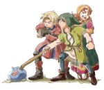  1girl blue_eyes breasts curly_hair dragon_quest dragon_quest_vii dress full_body hat hero_(dq7) hood hosiman kiefer long_hair looking_at_viewer maribel_(dq7) medium_breasts multiple_boys redhead 