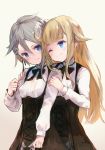  2girls 3: ;) ange_(princess_principal) bangs blonde_hair blouse blue_eyes blush braid breasts closed_mouth corset eyebrows_visible_through_hair gradient gradient_background grey_background grey_hair hair_between_eyes hair_flaps long_hair long_sleeves looking_at_another multiple_girls one_eye_closed princess_(princess_principal) princess_principal roll_okashi short_hair shoulder_grab side_braid sidelocks silver_hair simple_background sketch small_breasts smile underbust upper_body white_blouse 