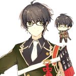  1boy armor black_hair chibi glasses green_eyes houhou_(black_lack) japanese_armor kotegiri_gou male_focus mole mole_under_eye necktie pants plaid plaid_pants sheath sheathed smile sode sword touken_ranbu wakizashi weapon 