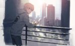  1boy 8c city cityscape eyebrows_visible_through_hair grey_hair hood hoodie leaning_forward long_sleeves looking_at_viewer original parted_lips railing short_hair solo violet_eyes 