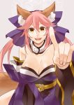  1girl animal_ears bare_shoulders blue_bow bow breasts cleavage detached_sleeves eyebrows_visible_through_hair fang fate/extra fate/grand_order fate_(series) fox_ears fox_tail hair_ribbon japanese_clothes large_breasts misuko_(sbelolt) open_mouth pink_hair ribbon solo tail tamamo_(fate)_(all) tamamo_no_mae_(fate) yellow_eyes 