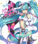  1girl bangs bare_shoulders breasts collarbone confetti elbow_gloves eyebrows_visible_through_hair fingerless_gloves flag gan_(shanimuni) gloves green_hair hair_ornament hatsune_miku highres holding long_hair looking_at_viewer medium_breasts navel one_eye_closed open_mouth signature simple_background smile thigh-highs twintails very_long_hair violet_eyes white_background 