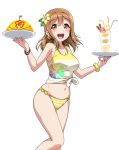  1girl :d bangs bikini bikini_bottom blush bracelet breasts brown_eyes brown_hair cleavage commentary_request earrings flower hair_flower hair_ornament highres holding holding_plate jewelry kunikida_hanamaru large_breasts love_live! love_live!_sunshine!! midriff navel omelet open_mouth parfait plate scrunchie shirt side-tie_bikini simple_background smile solo striped_bikini_bottom swimsuit tank_top tied_shirt white_background wrist_scrunchie yellow_bikini_bottom yopparai_oni 