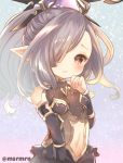  1girl bare_shoulders belly blush blush_stickers granblue_fantasy hair_ornament hair_over_one_eye hairclip hand_on_own_face harbin marshmallow_mille navel nio_(granblue_fantasy) pink_eyes pointy_ears ponytail pout purple_hair simple_background solo twitter_username wavy_hair 