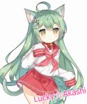  1girl :3 ahoge akashi_(bilan_hangxian) animal_ears bell bell_choker bilan_hangxian blush bow bowtie cat_ears cat_tail character_name choker commentary_request cowboy_shot eyebrows_visible_through_hair green_eyes green_hair hair_between_eyes hair_ornament hairclip jingle_bell long_hair long_sleeves looking_at_viewer pink_ascot pleated_skirt red_bow red_bowtie red_skirt school_uniform serafuku shirt simple_background skirt sleeves_past_wrists solo standing star tail tengxiang_lingnai very_long_hair white_background white_shirt yellow_eyes 