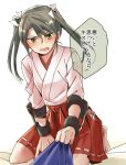  1girl blush brown_eyes grey_hair hakama_skirt japanese_clothes kantai_collection long_hair open_mouth red_skirt simple_background skirt solo_focus sora_(sky_s04) speech_bubble translation_request twintails white_background zuikaku_(kantai_collection) 