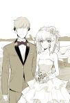  1boy 1girl bare_arms bare_shoulders blush bouquet dress faceless faceless_male flower formal girls_und_panzer gloves greyscale hair_up highres itsumi_erika ladic monochrome original plain sidelocks smile suit tagme wedding_dress 