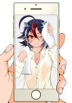  1girl anger_vein arm_up bangs blush breasts buttons cellphone cleavage closed_mouth collared_shirt eyebrows_visible_through_hair hair_between_eyes hands highres himajin_no_izu holding holding_phone holding_towel horns kijin_seija long_sleeves looking_at_viewer medium_breasts multicolored_hair phone red_eyes shirt short_hair simple_background smartphone solo_focus streaked_hair touhou towel wet wet_hair white_background white_shirt wiping_face 