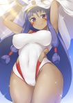  1girl blush breasts closed_mouth covered_navel dark_skin erect_nipples facial_mark fate/grand_order fate_(series) highres long_hair looking_at_viewer medium_breasts nanasea74 nitocris_(fate/grand_order) nitocris_(swimsuit_assassin)_(fate) purple_hair smile solo sparkle standing very_long_hair violet_eyes 