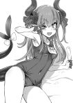  1girl ;d arm_support asanagi bow breasts covered_navel fang fate/extra fate/extra_ccc fate_(series) food greyscale heart heart-shaped_pupils highres holding holding_food horns lancer_(fate/extra_ccc) long_hair lying monochrome name_tag on_side one_eye_closed open_mouth popsicle school_swimsuit small_breasts smile solo swimsuit symbol-shaped_pupils tail tail_bow thighs two_side_up 