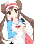  1girl brown_eyes brown_hair double_bun hair_bun highres long_hair looking_at_viewer mei_(pokemon) misteor pokemon pokemon_bw2 smile solo teeth twintails white_background 