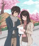  1boy 1girl absurdres alternate_costume black_hair braid brown_eyes cherry_blossoms clouds coat day french_braid hair_ribbon highres holding holding_phone kimi_no_na_wa long_hair long_sleeves miyamizu_mitsuha phone red_ribbon ribbon scarf tachibana_taki 