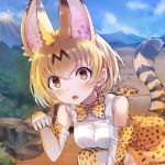  animal_ears blonde_hair blue_sky blush bow bowtie commentary_request day elbow_gloves fur_collar gloves high-waist_skirt highres kemono_friends looking_at_viewer nasuno_chiyo open_mouth orange_bow orange_bowtie orange_eyes outdoors paw_pose sandstar savannah serval_(kemono_friends) serval_ears serval_print serval_tail shirt short_hair skirt sky sleeveless sleeveless_shirt striped_tail tail 