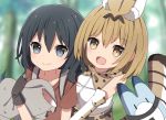 2girls :d animal_ears black_eyes black_gloves black_hair blonde_hair blurry collarbone day depth_of_field elbow_gloves extra_ears gloves hair_between_eyes hat hat_feather hat_removed headwear_removed holding holding_hat hug kaban_(kemono_friends) kemono_friends long_hair lucky_beast_(kemono_friends) multiple_girls open_mouth outdoors print_bowtie print_gloves red_shirt sapphire_(sapphire25252) serval_(kemono_friends) serval_ears serval_tail shirt short_sleeves sleeveless smile tail upper_body white_shirt yellow_eyes 