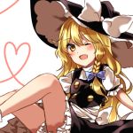  1girl ;d blonde_hair bloomers blush commentary hat heart kirisame_marisa legs long_hair looking_at_viewer one_eye_closed open_mouth puffy_short_sleeves puffy_sleeves short_sleeves sitting skirt smile solo touhou underwear very_long_hair vest witch_hat yellow_eyes yururi_nano 
