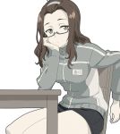 1girl brown_hair chair glasses head_on_hand kouzuki_sanae sakura_quest sitting solo table track_suit watanabegenn zipper 